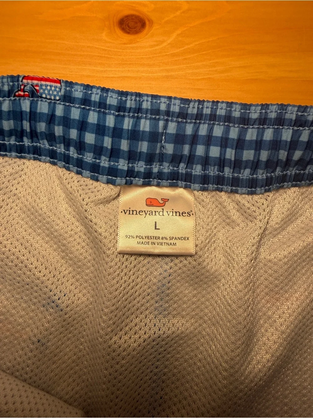 Vineyard Vines Kids Blue Gingham USA Flag Whale Swim Trunks Size L